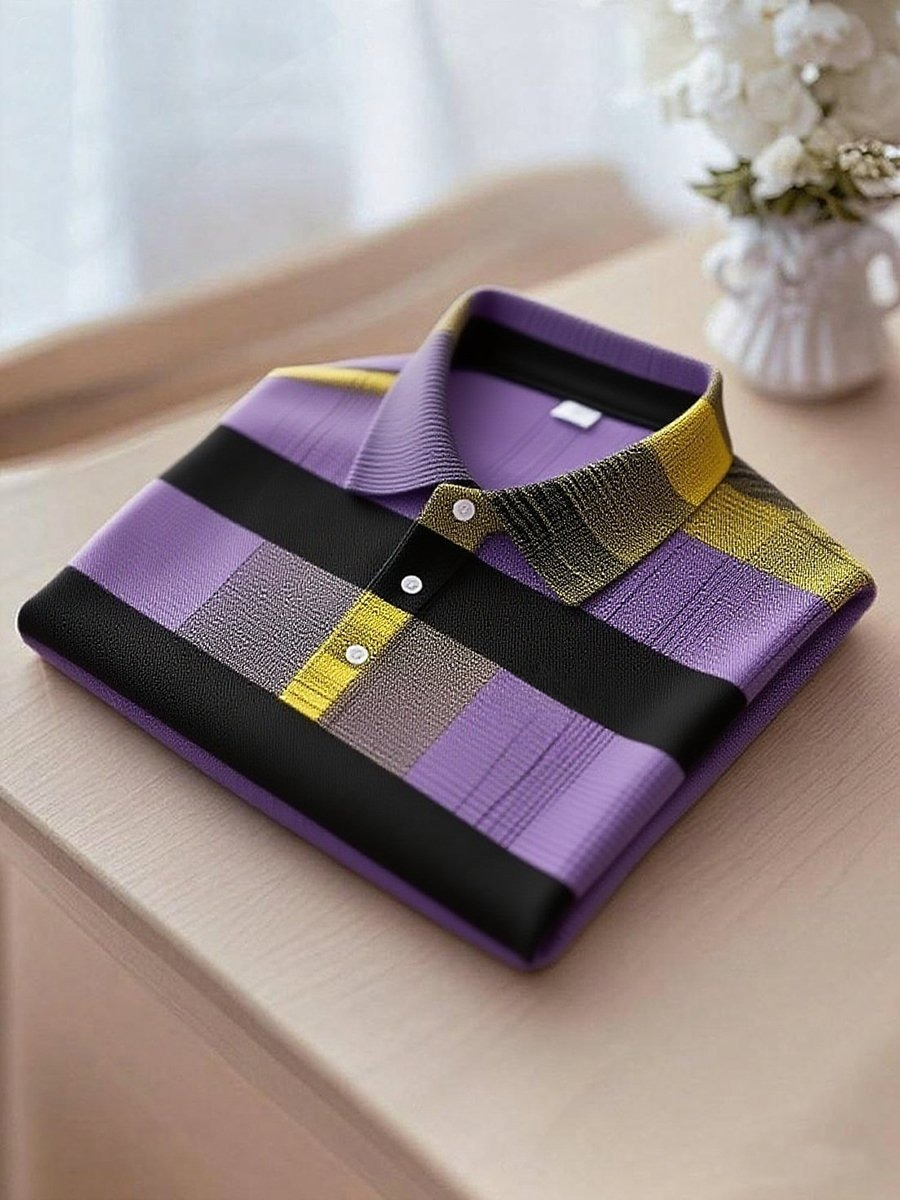 Camisa polo ejecutivo casual Purple, Black and Yellow a cuadros Button de manga corta para hombre