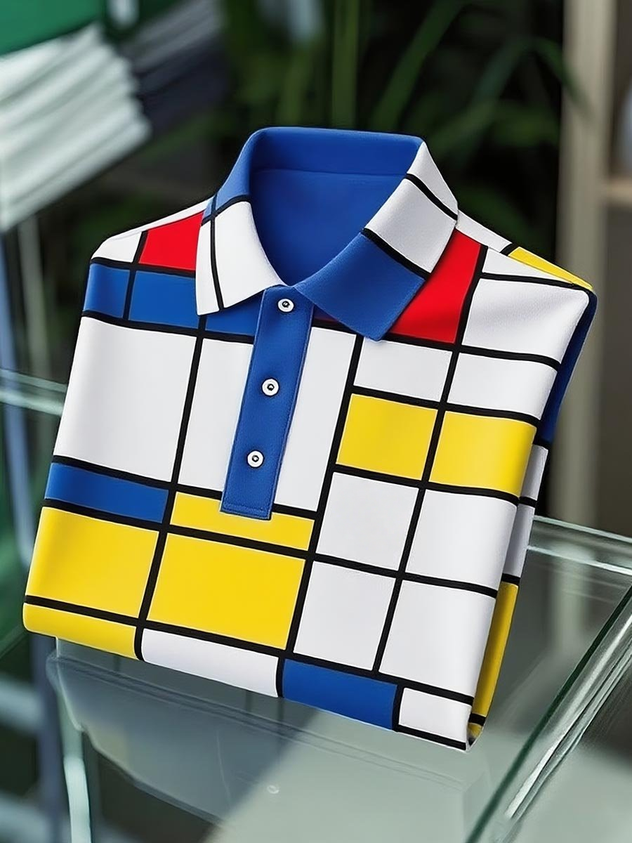 Camisa polo clásico ejecutivo Mondrian con botones de manga corta para hombre
