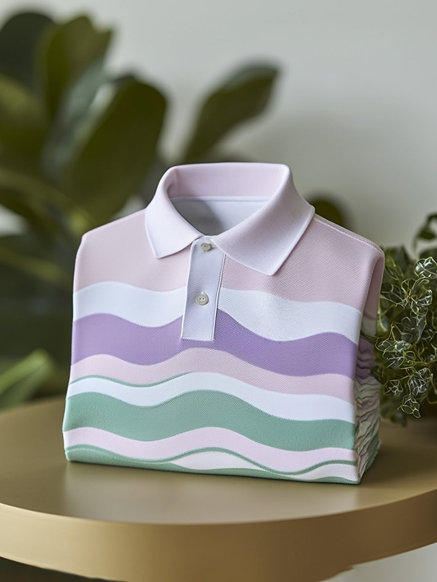 Camisa polo clásico ejecutivo Wave rayas Logo Button de manga corta para hombre