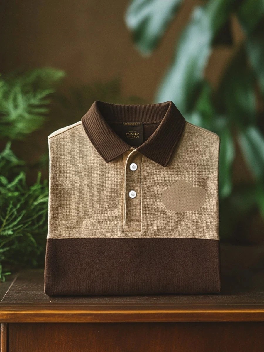 Camisa polo ejecutivo casual Khaki Brown Button de manga corta para hombre