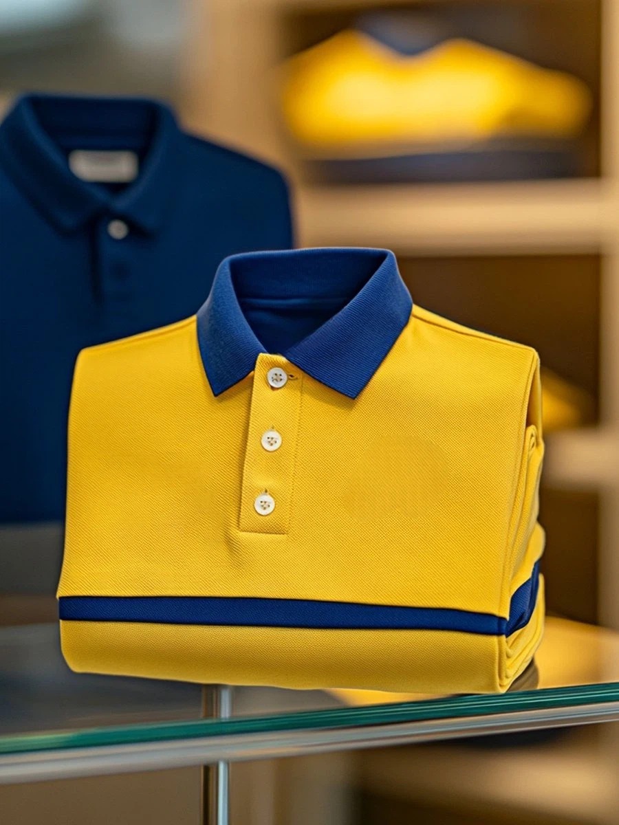 Camisa polo ejecutivo casual Yellow and Blue Contrast Button de manga corta para hombre
