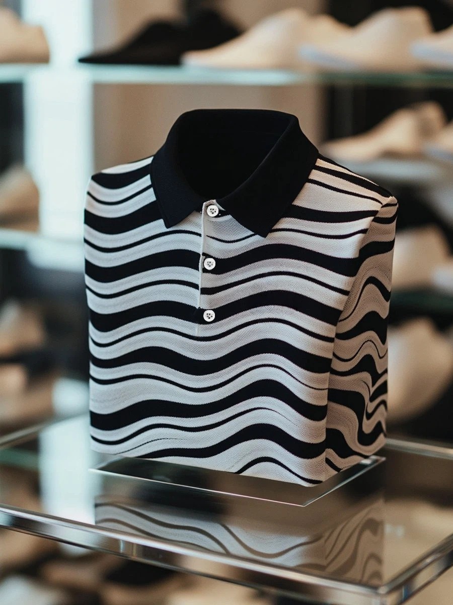 Camisa polo ejecutivo casual Black and White Wave Button de manga corta para hombre
