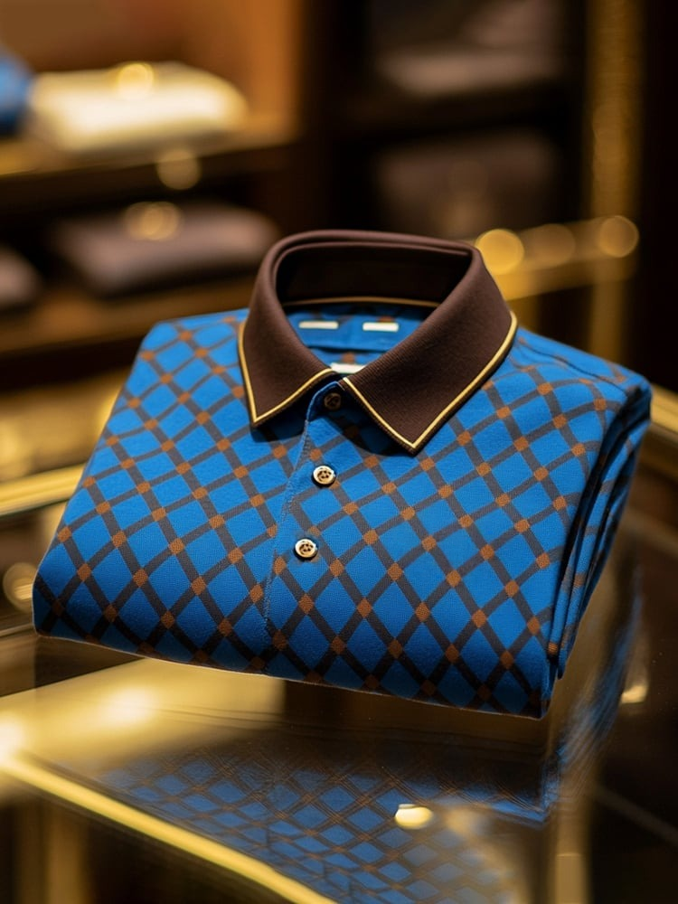 Camisa polo clásico ejecutivo Check Logo Button de manga corta para hombre