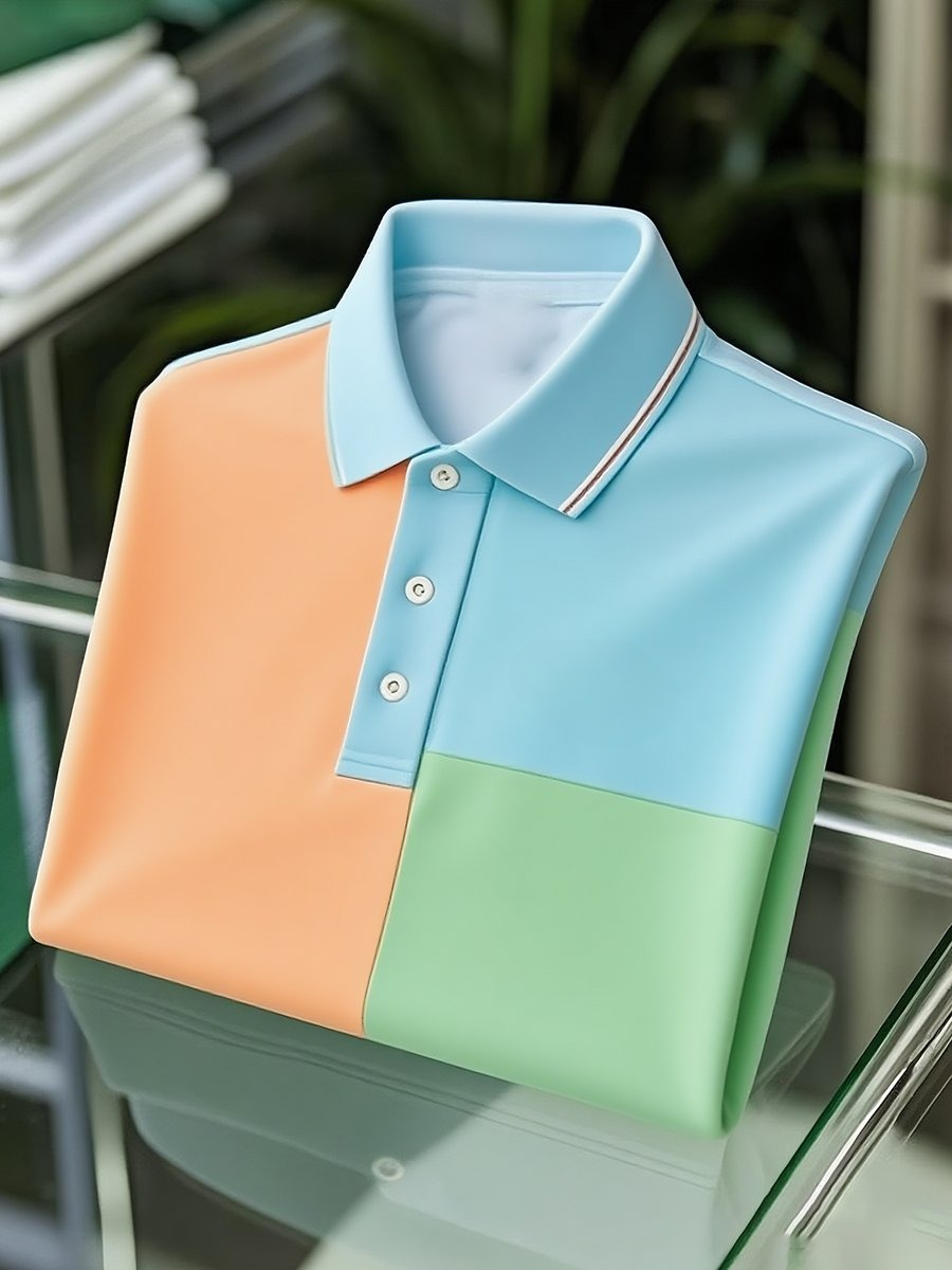 Camisa polo clásico ejecutivo Colorblock Logo Button de manga corta para hombre