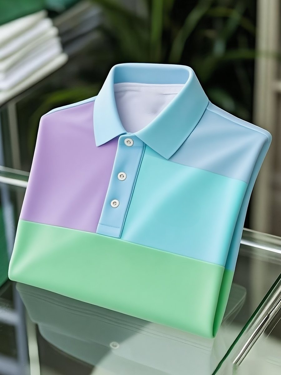 Camisa polo clásico ejecutivo Colorblock Logo Button de manga corta para hombre