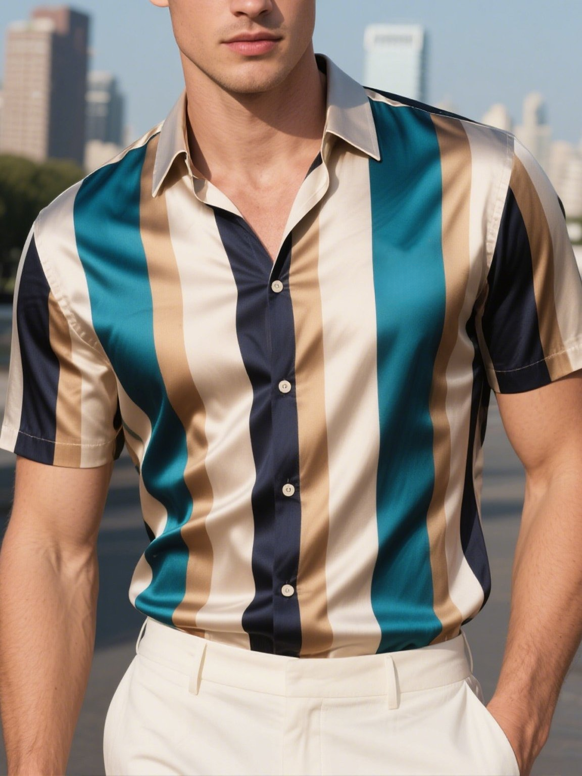 Camisa satén de lujo ejecutivo a rayas de manga corta Button para hombre