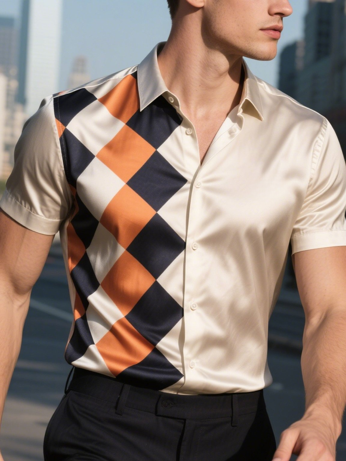 Camisa satén de lujo ejecutivo a rayas de manga corta Button para hombre