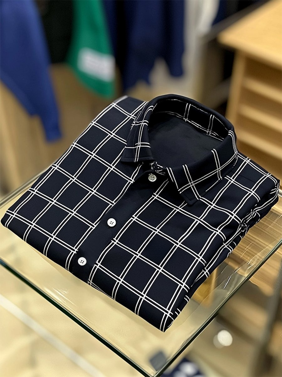 Camisa ejecutivo casual a cuadros con botones de manga corta para hombre