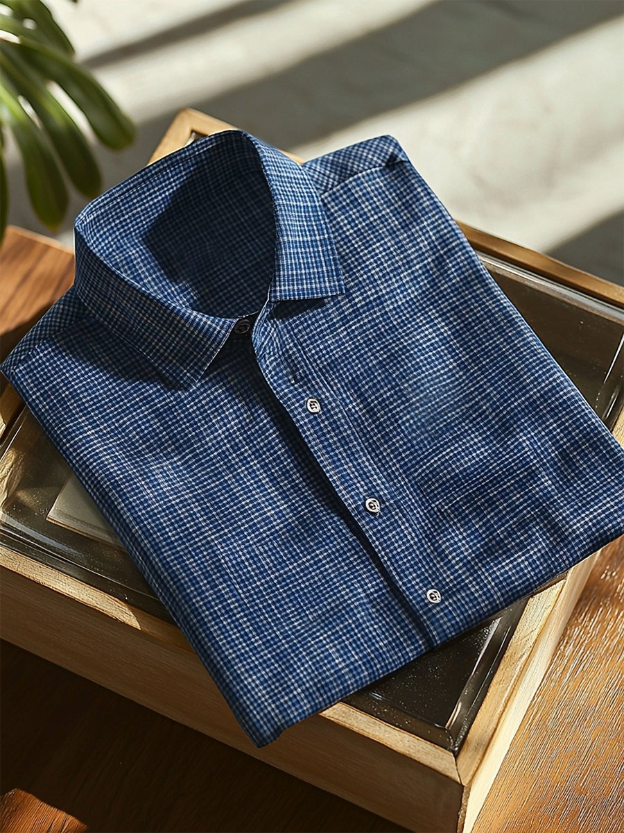 Camisa ejecutivo casual a cuadros con botones de manga corta para hombre