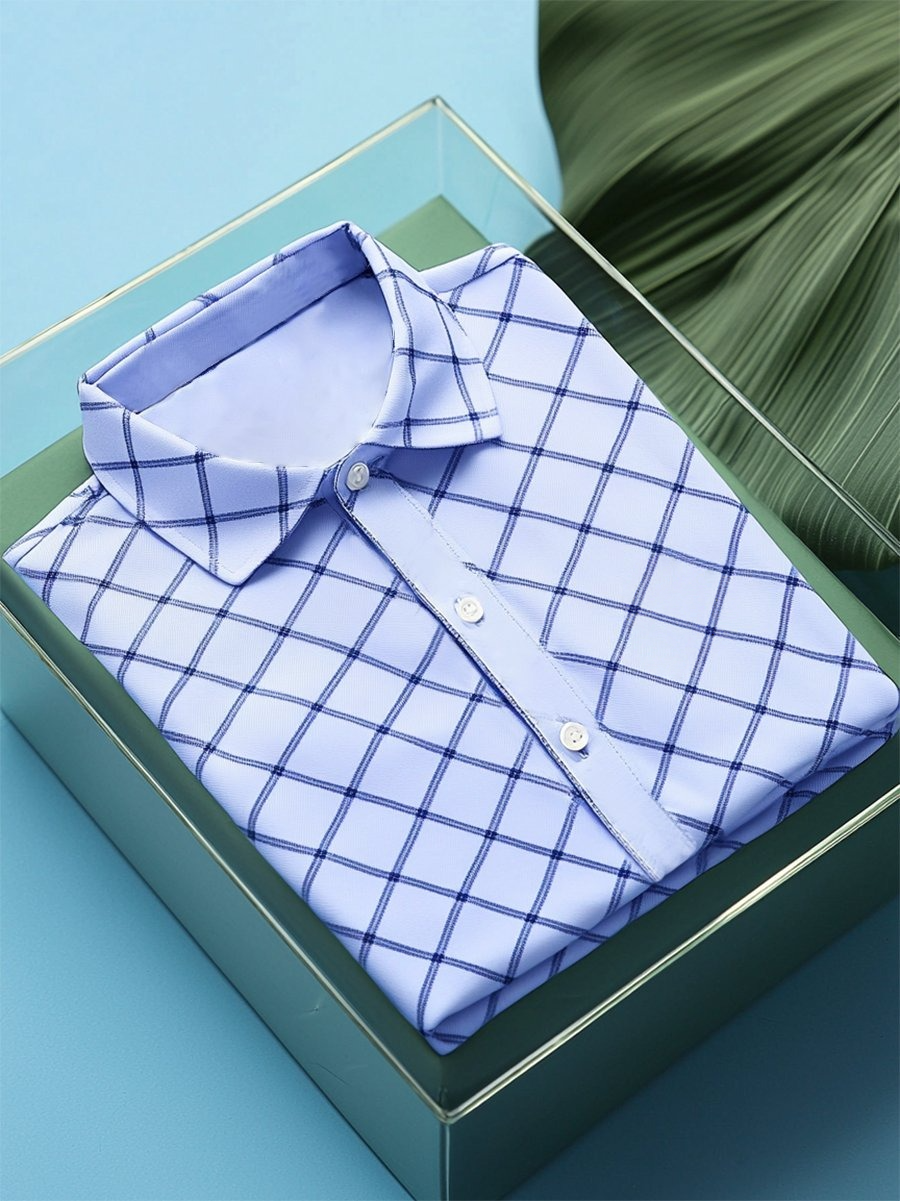 Camisa ejecutivo casual a cuadros con botones de manga corta para hombre