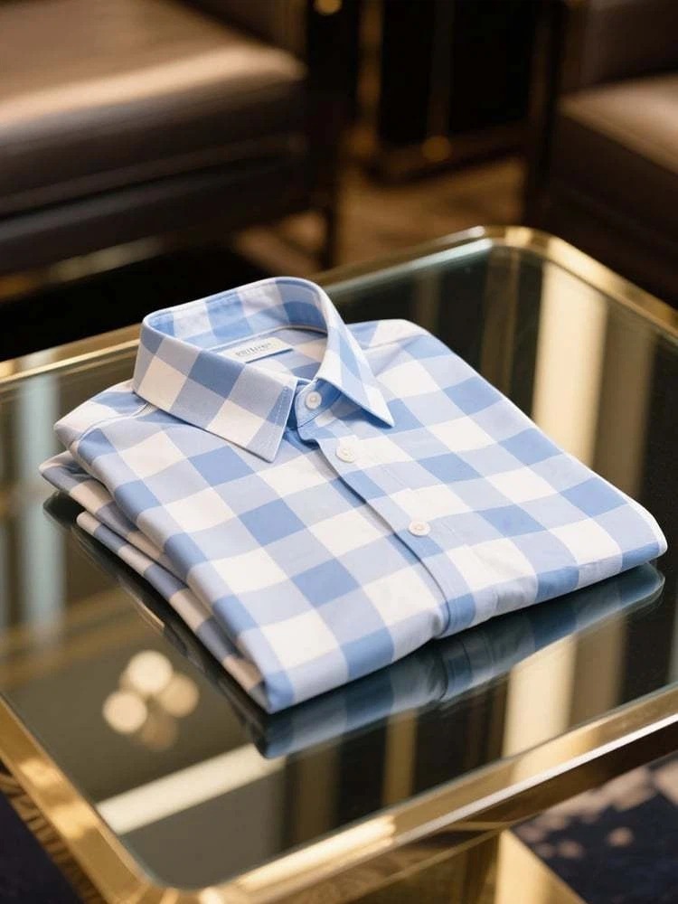 Camisa ejecutivo casual a cuadros solapa de manga corta para hombre