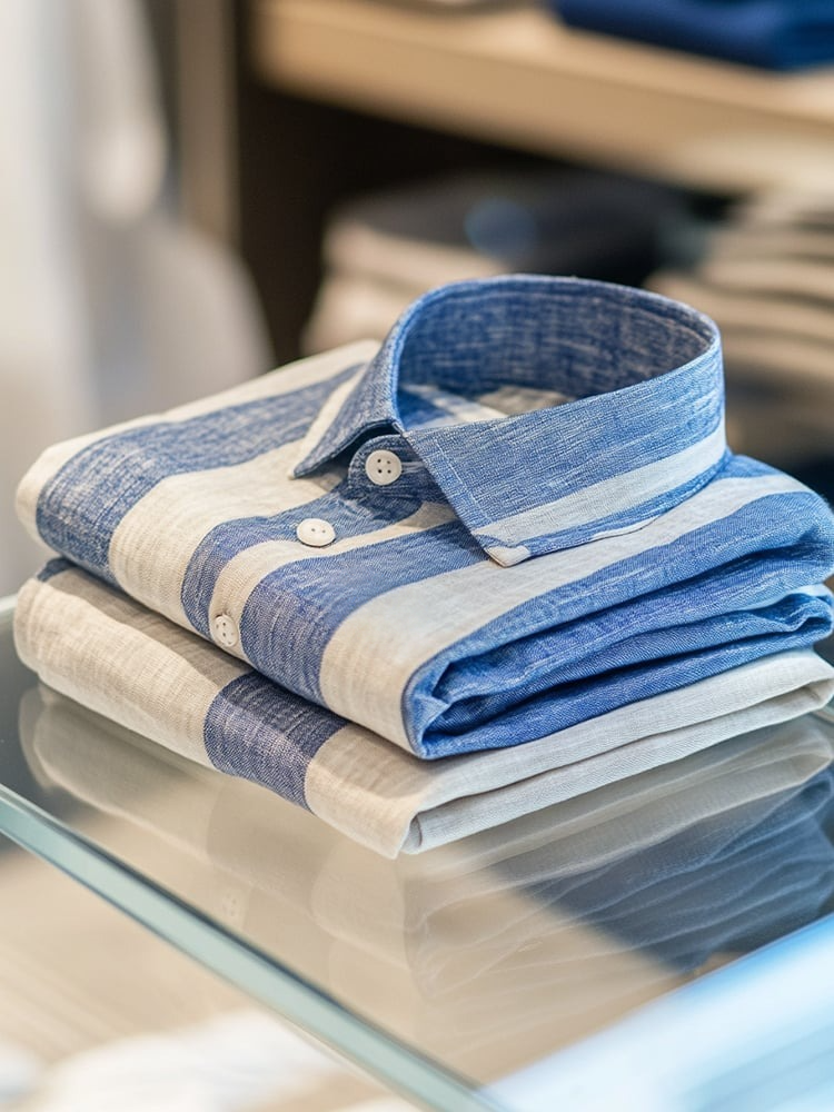 Camisa ejecutivo casual Blue and White a rayas Logo solapa de manga corta para hombre