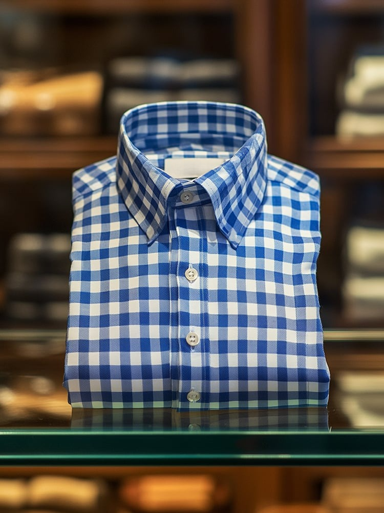 Camisa ejecutivo casual Blue Check Logo solapa de manga corta para hombre