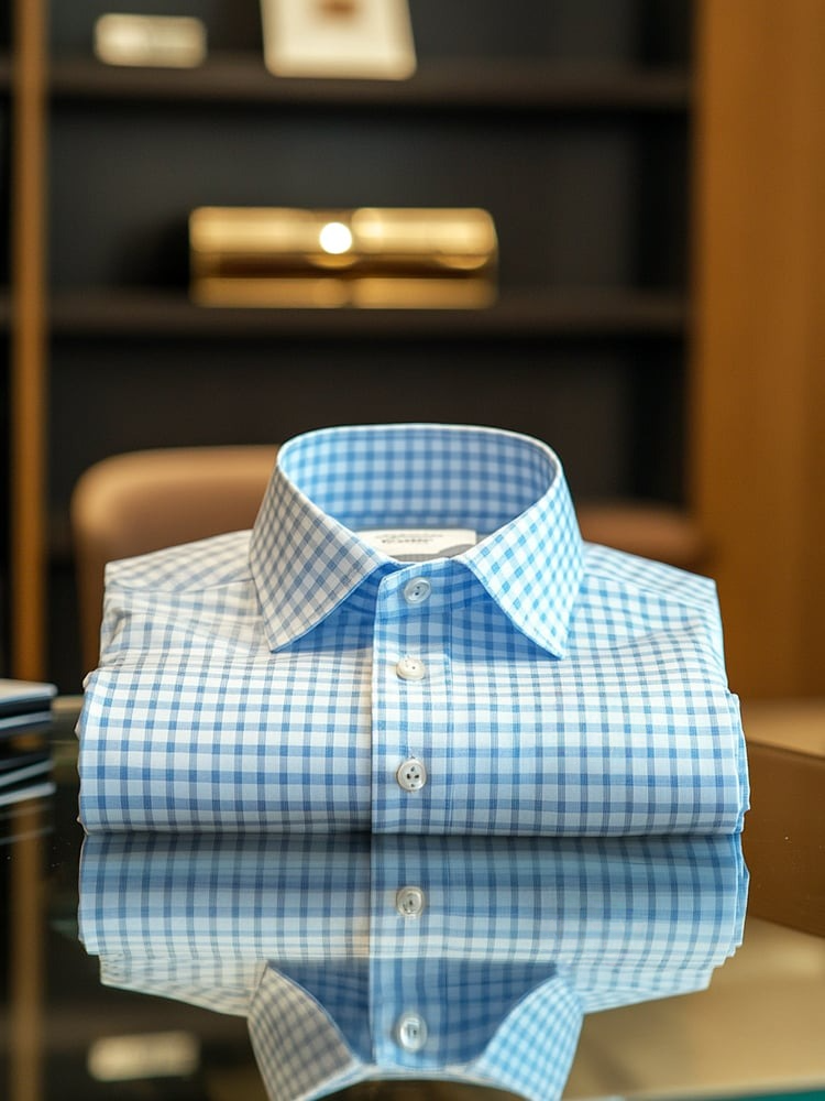 Camisa ejecutivo casual Blue Check Logo solapa de manga corta para hombre