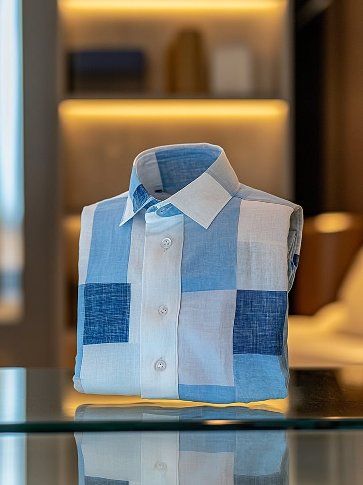 Camisa ejecutivo casual Blue and White Stitching Design Logo solapa de manga corta para hombre