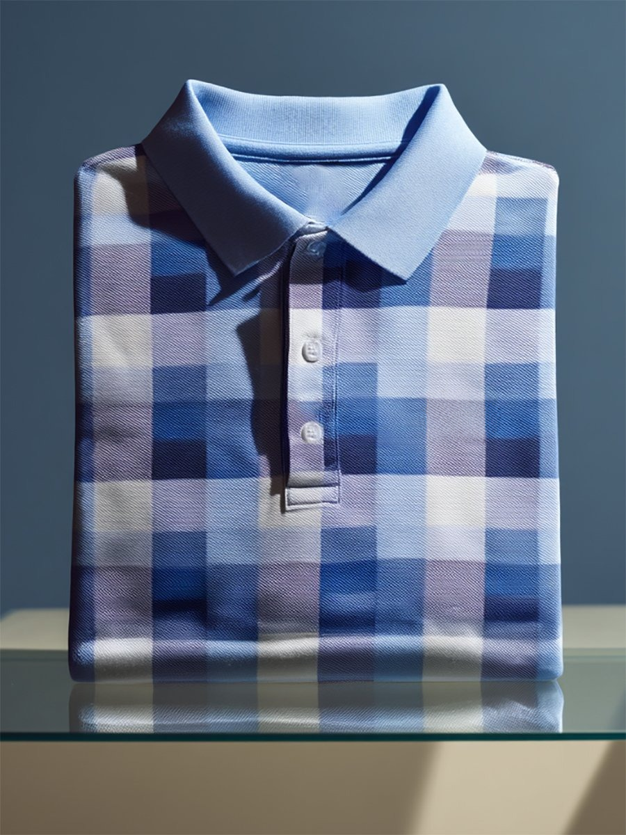 Camisa polo ejecutivo casual geométrico a cuadros Art Button de manga corta para hombre