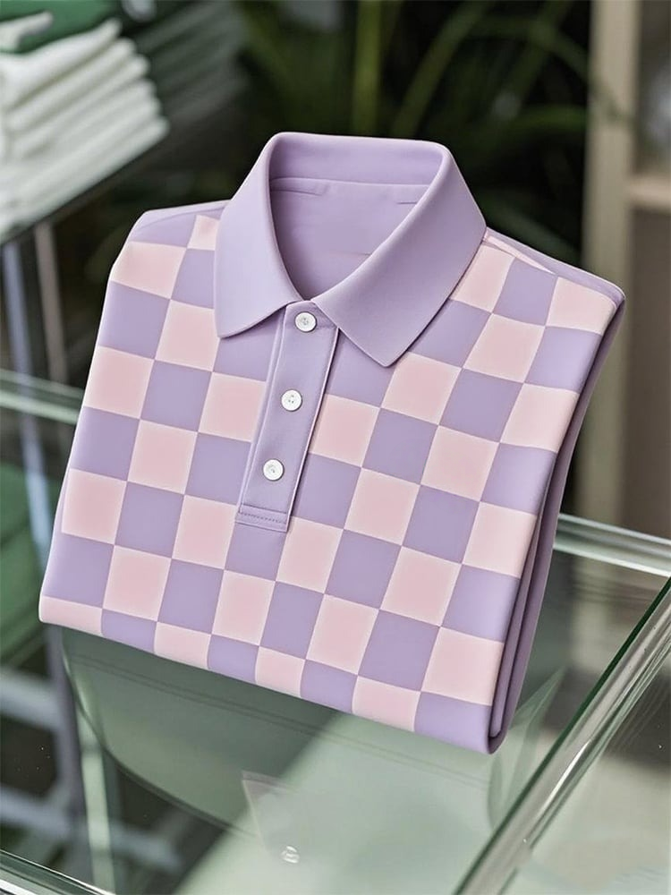 Camisa polo ejecutivo casual Checkerboard Button de manga corta para hombre