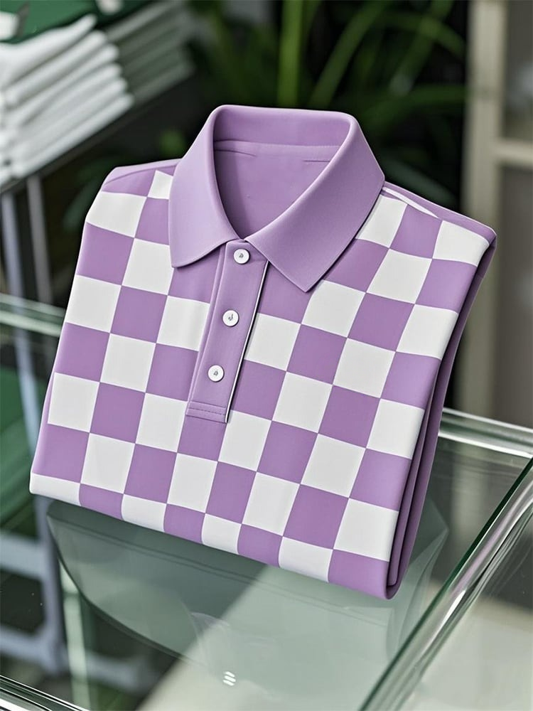 Camisa polo ejecutivo casual Checkerboard Button de manga corta para hombre