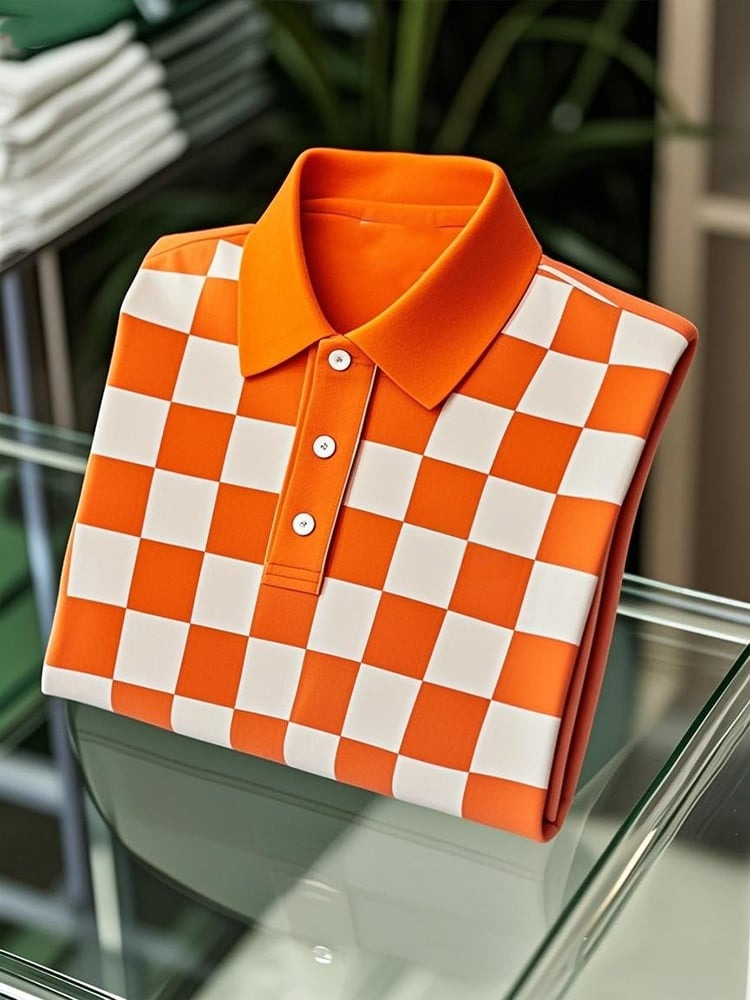 Camisa polo ejecutivo casual Checkerboard Button de manga corta para hombre