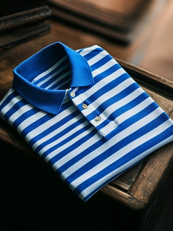 Camisa polo clásico ejecutivo Blue and White a rayas Logo Button de manga corta para hombre