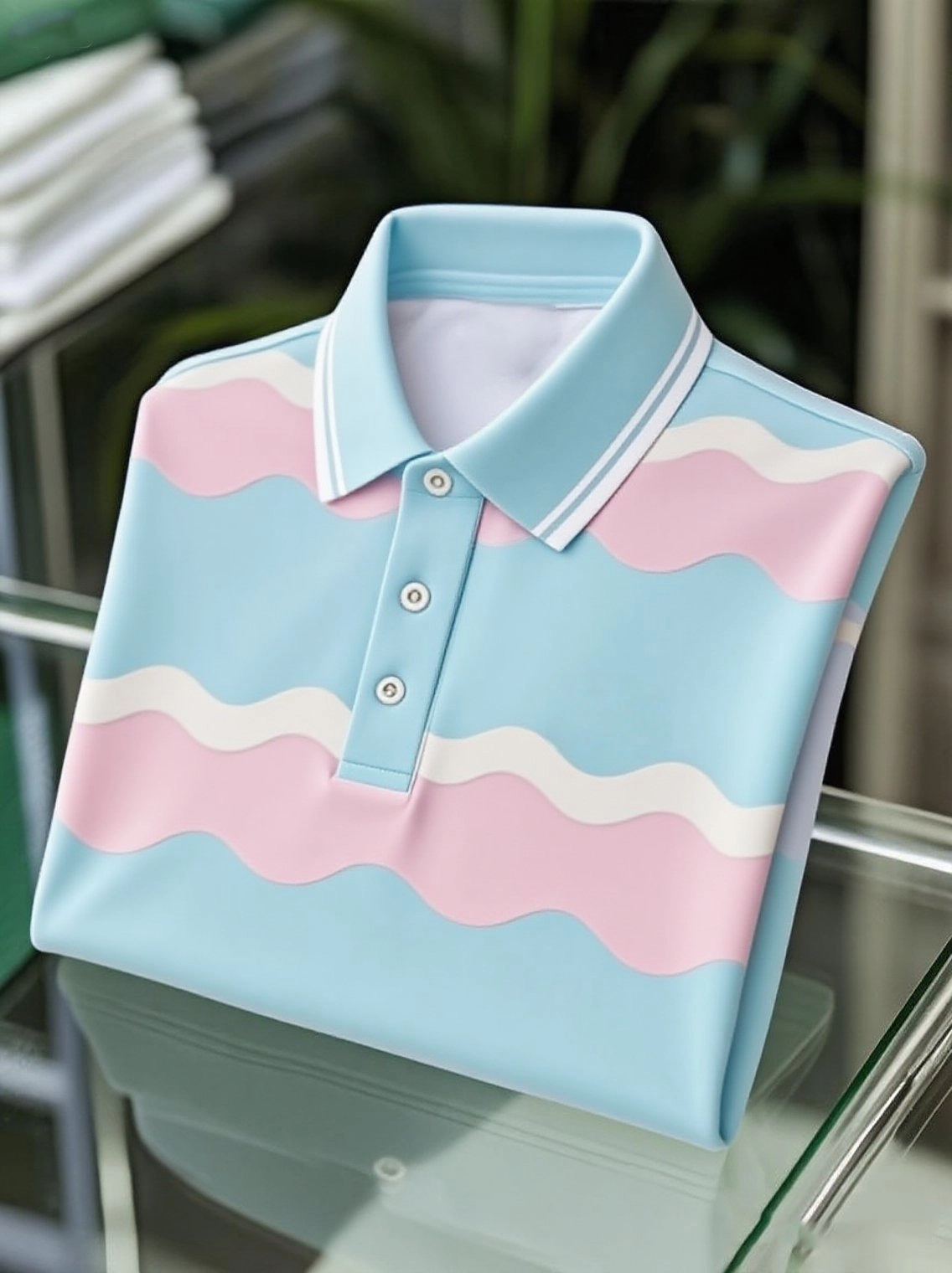 Camisa polo ejecutivo casual Light Blue Wave Logo Button de manga corta para hombre