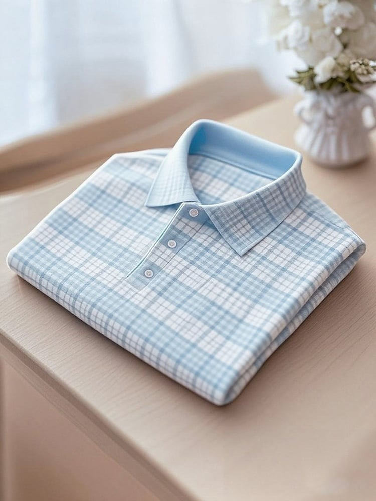Camisa polo ejecutivo casual Blue a cuadros con botones de manga corta para hombre