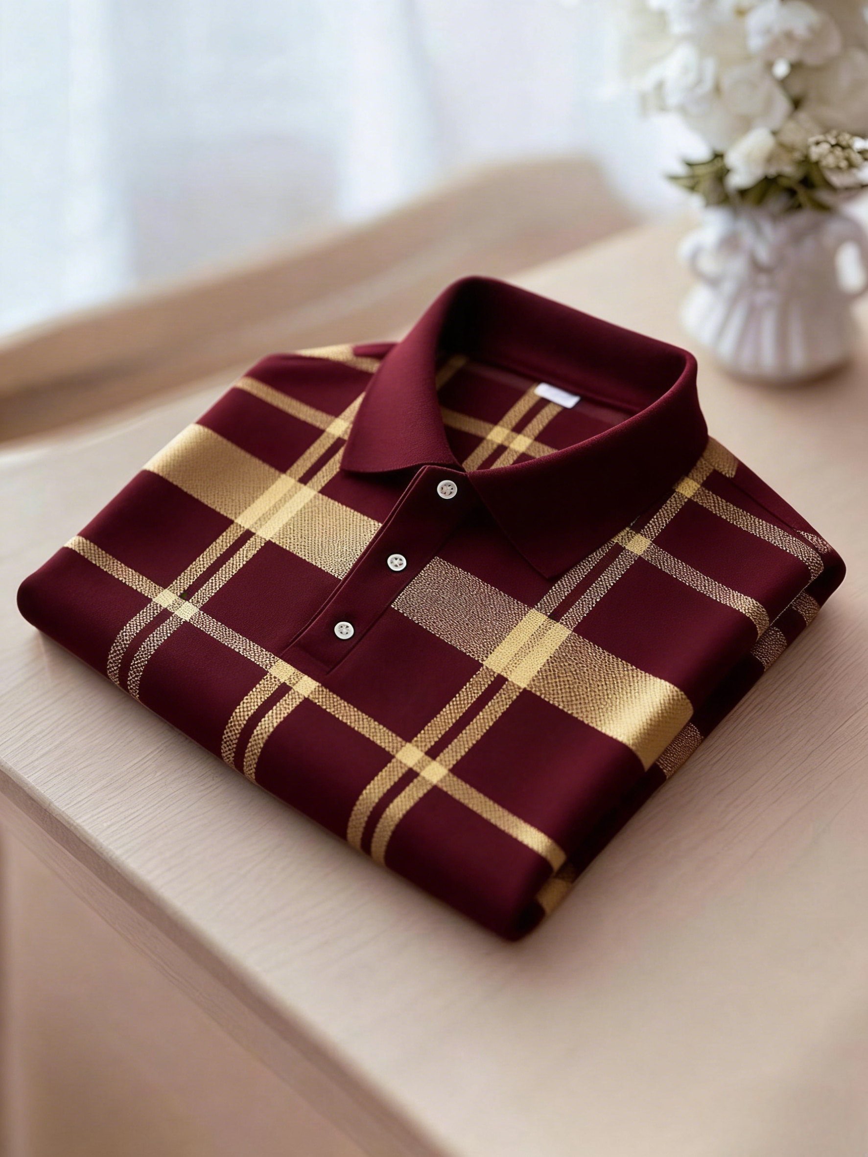 para hombre ejecutivo casual Black and Yellow Plaid Button de manga corta camisa polo