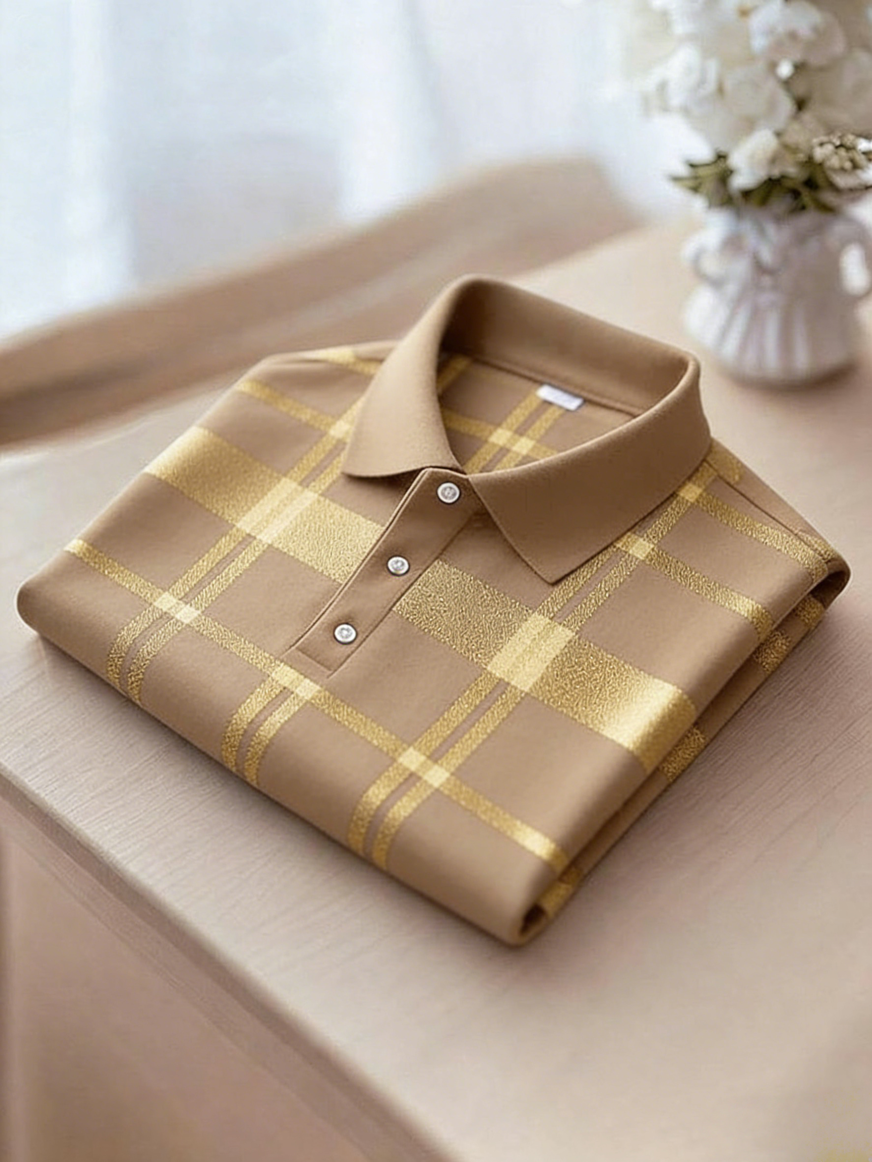 para hombre ejecutivo casual Black and Yellow Plaid Button de manga corta camisa polo