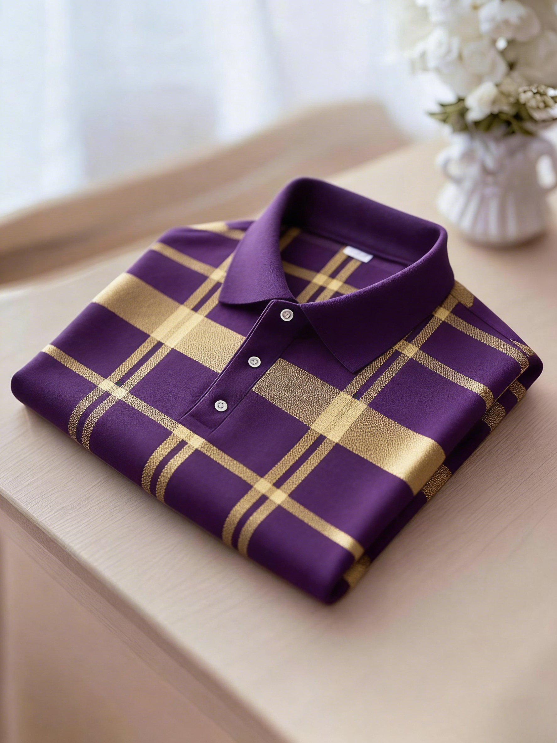 para hombre ejecutivo casual Black and Yellow Plaid Button de manga corta camisa polo