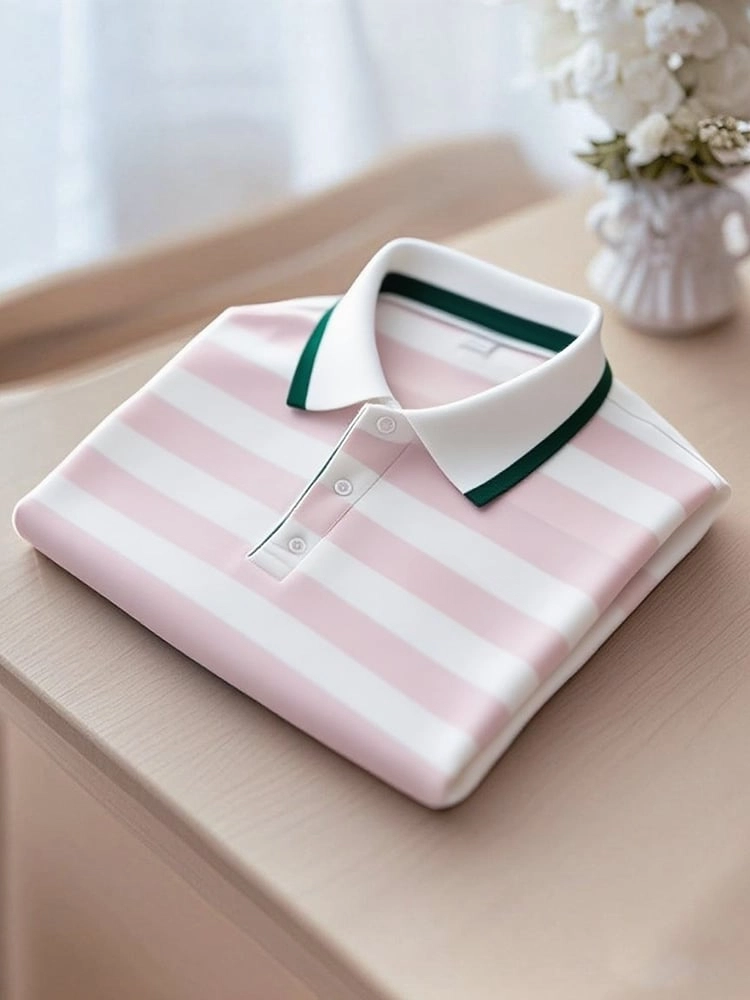 Camisa polo ejecutivo casual Pink a rayas Button de manga corta para hombre