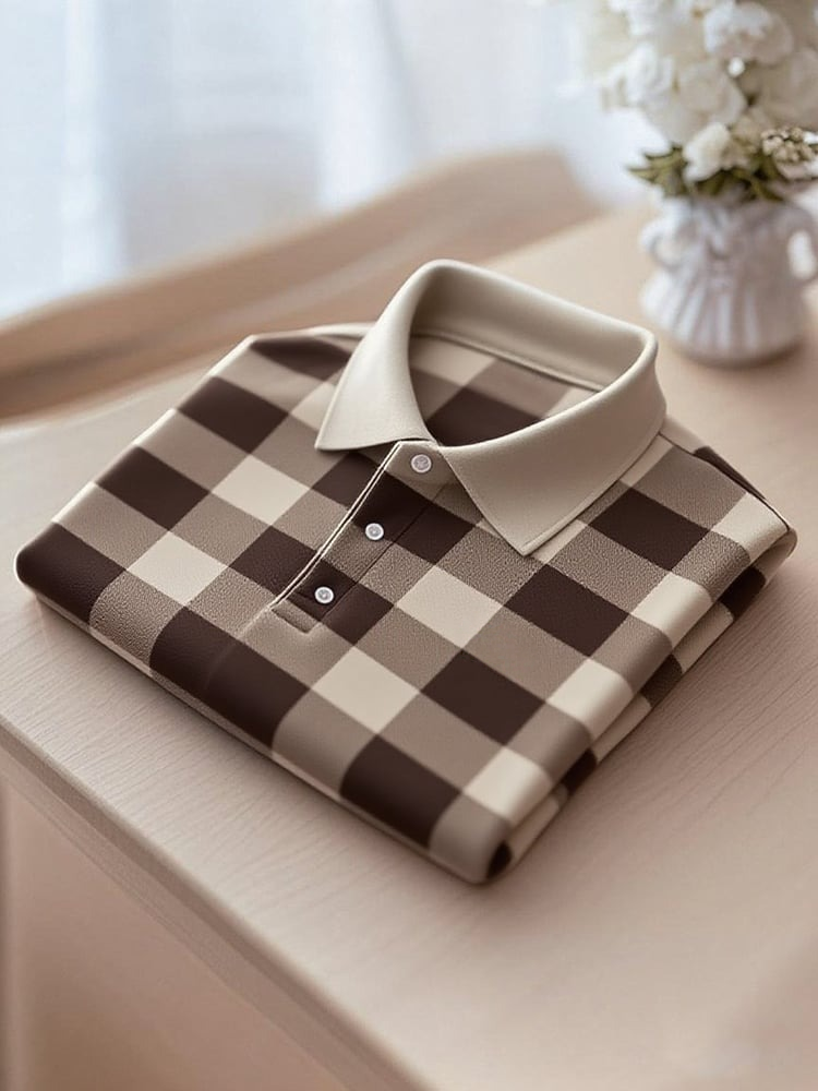 Camisa polo ejecutivo casual a cuadros con botones de manga corta para hombre