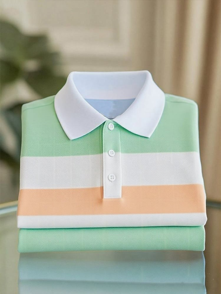 Camisa polo ejecutivo casual Orange and Green a rayas Logo Button de manga corta para hombre
