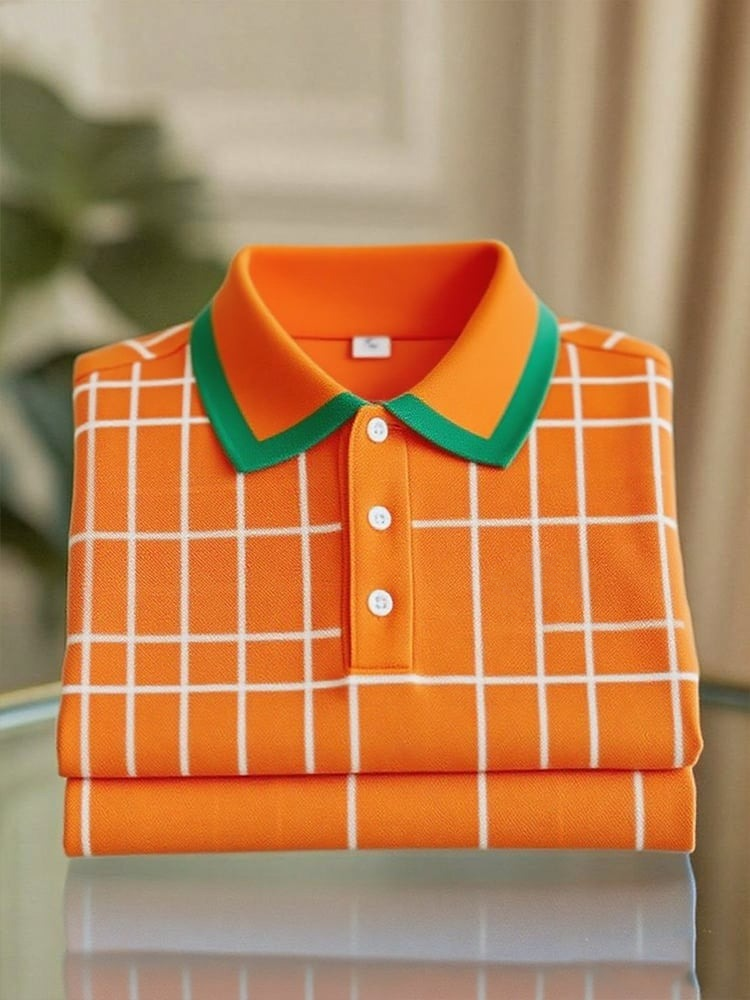 Camisa polo ejecutivo casual Orange a cuadros Button de manga corta para hombre