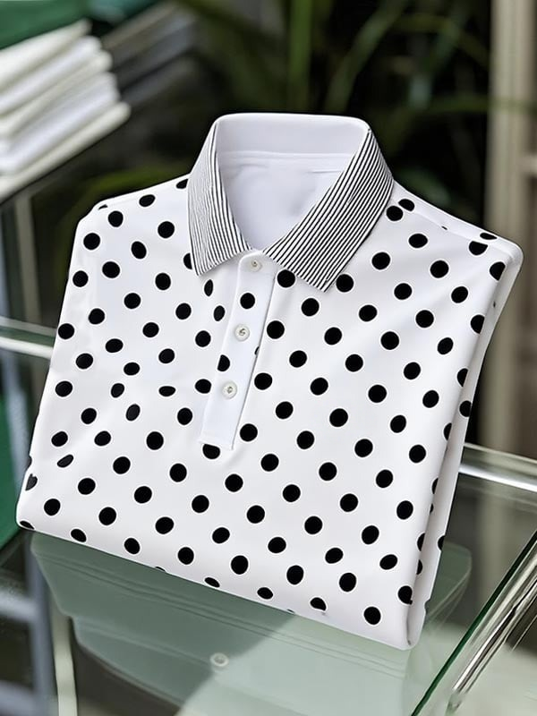 Camisa polo clásico ejecutivo Black and White Polka Dot Logo Button de manga corta para hombre