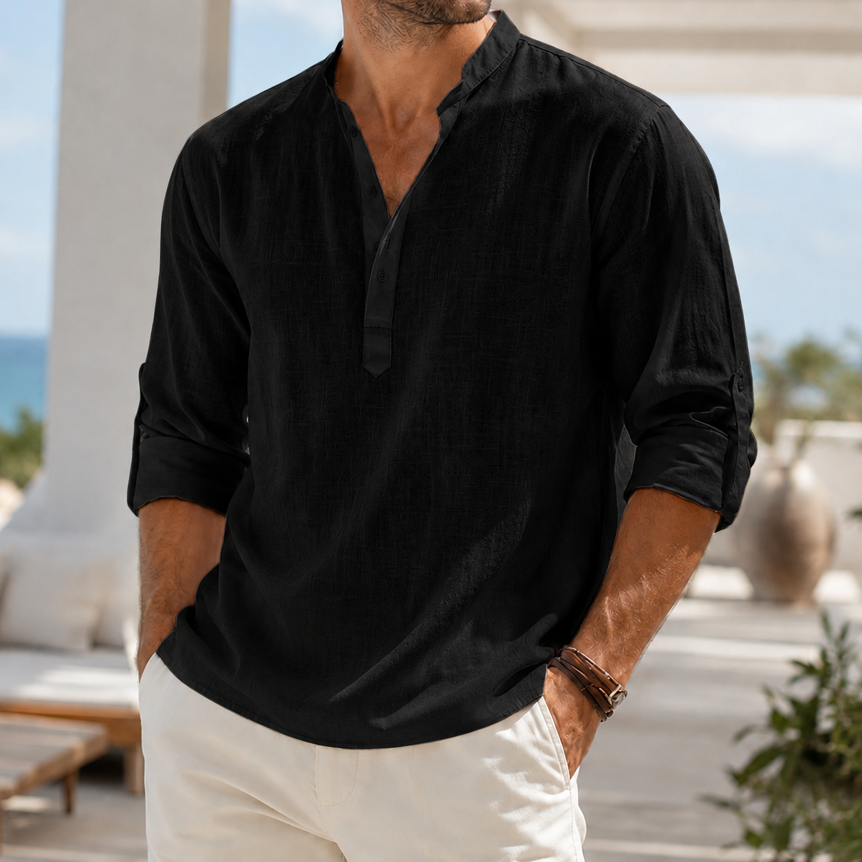 de modainprint para hombre Breathable de lino Look Henley camisa