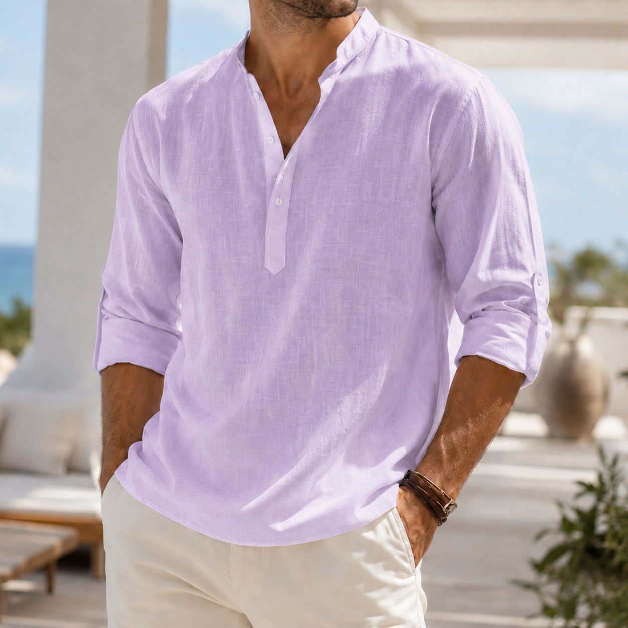 de modainprint para hombre Breathable de lino Look Henley camisa
