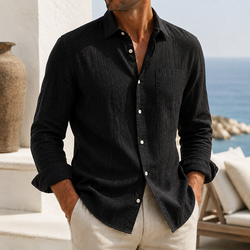 Camisa de modainestampado Lightweight Textured de algodón de lino de manga larga para hombre