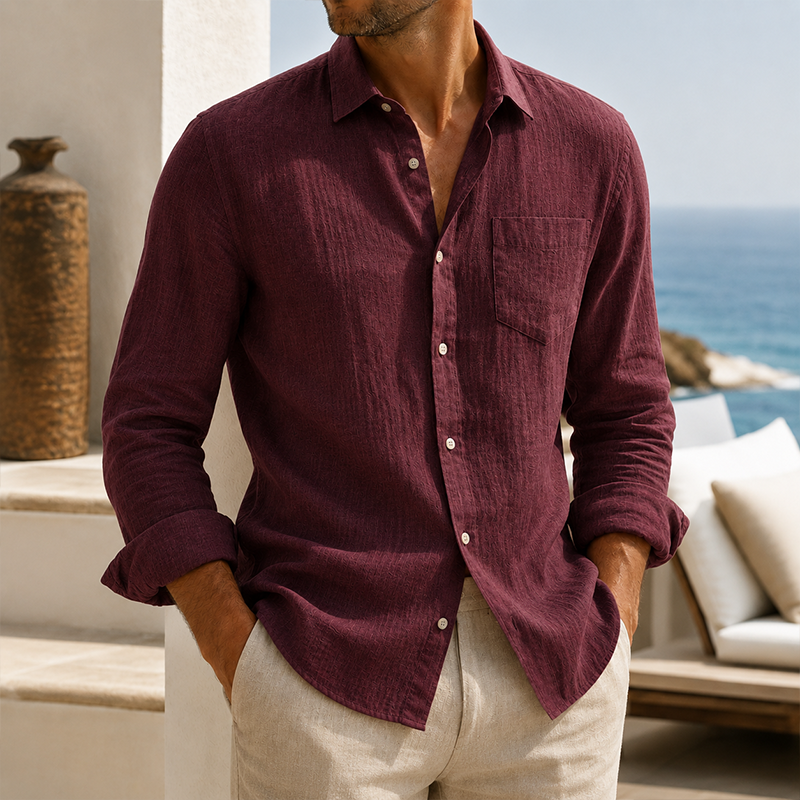 Camisa de modainestampado Lightweight Textured de algodón de lino de manga larga para hombre