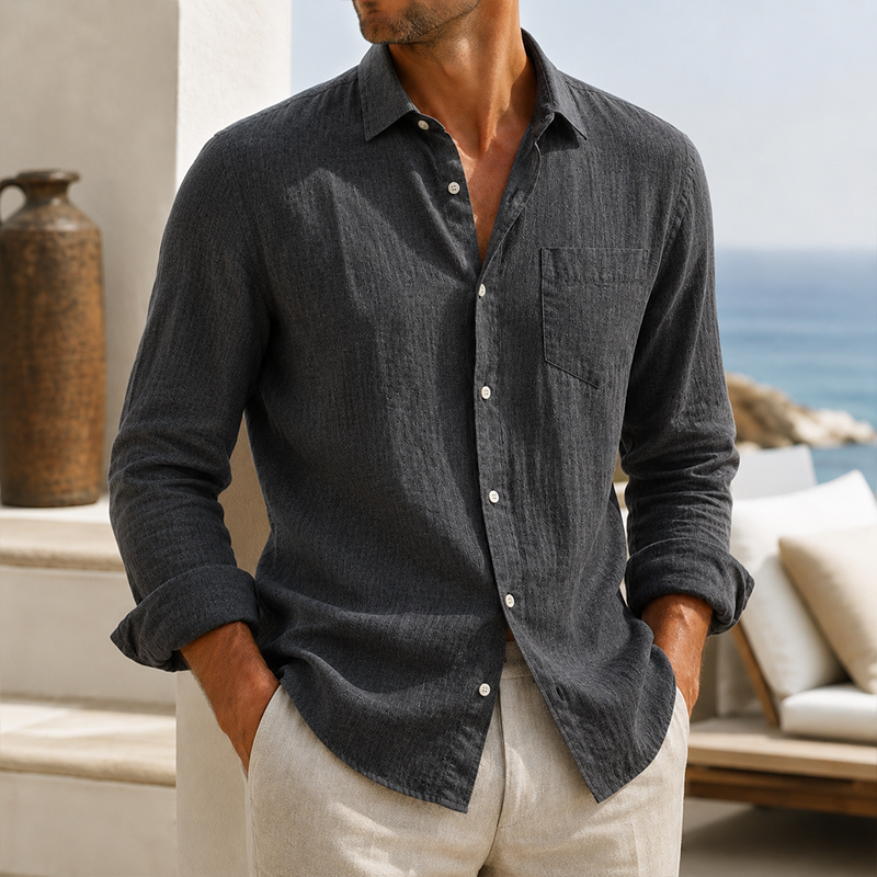 Camisa de modainestampado Lightweight Textured de algodón de lino de manga larga para hombre