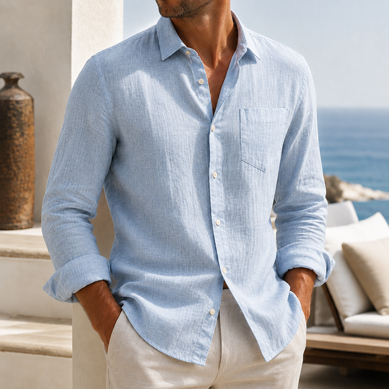 Camisa de modainestampado Lightweight Textured de algodón de lino de manga larga para hombre