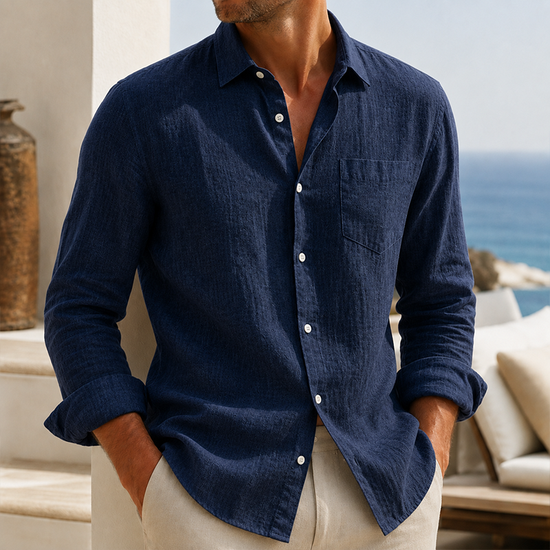 Camisa de modainestampado Lightweight Textured de algodón de lino de manga larga para hombre