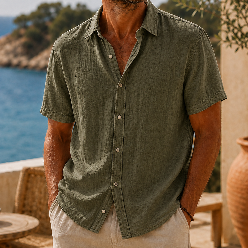 Camisa de modainestampado vintage Washed de algodón de lino de manga corta para hombre