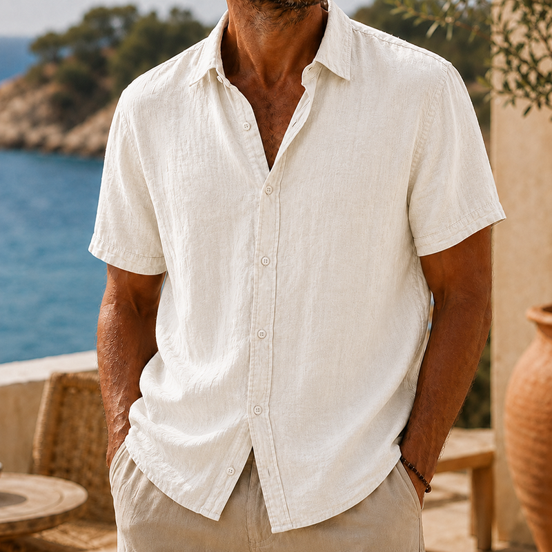 Camisa de modainestampado vintage Washed de algodón de lino de manga corta para hombre