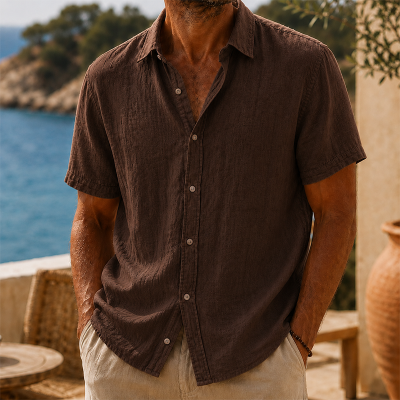 Camisa de modainestampado vintage Washed de algodón de lino de manga corta para hombre