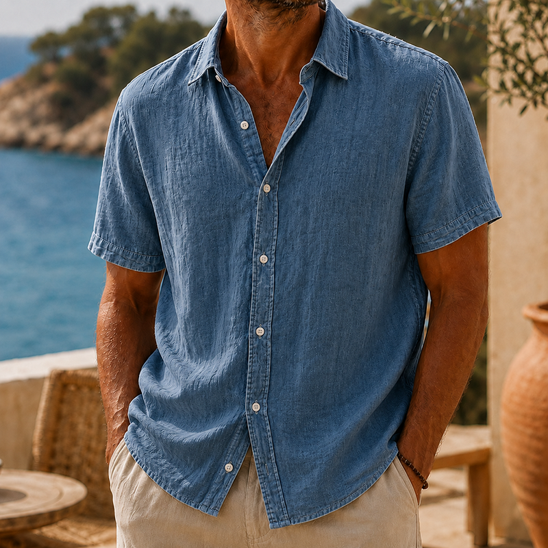 Camisa de modainestampado vintage Washed de algodón de lino de manga corta para hombre