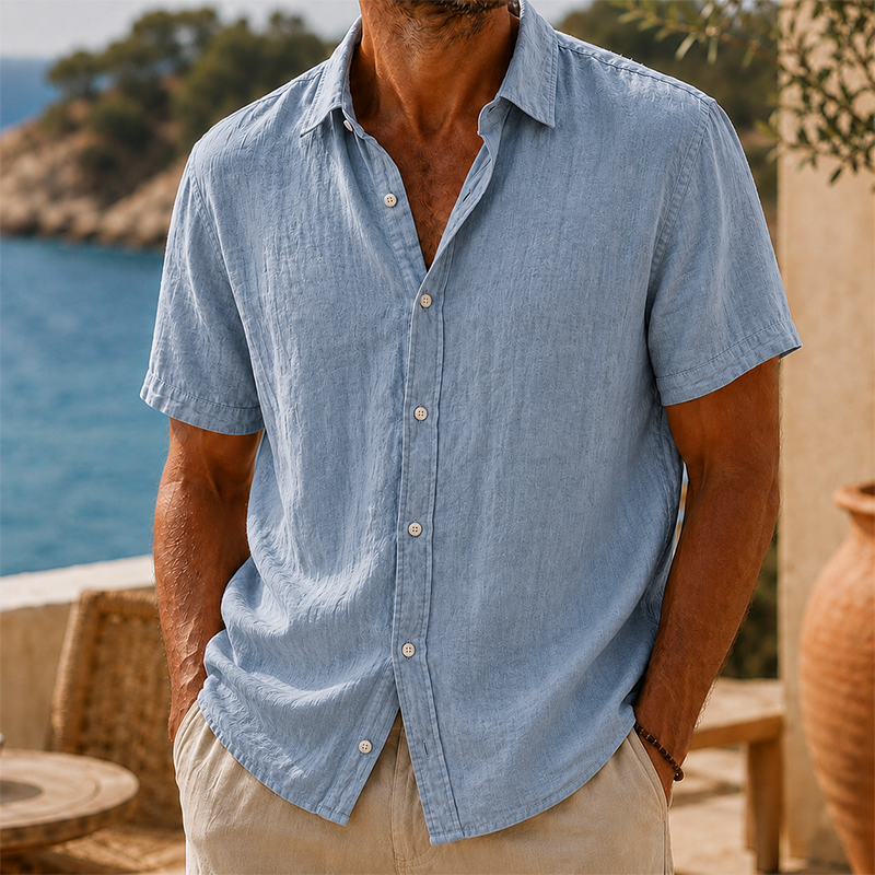 Camisa de modainestampado vintage Washed de algodón de lino de manga corta para hombre