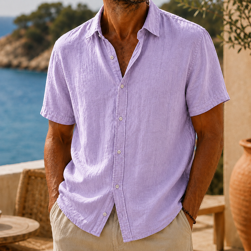 Camisa de modainestampado vintage Washed de algodón de lino de manga corta para hombre