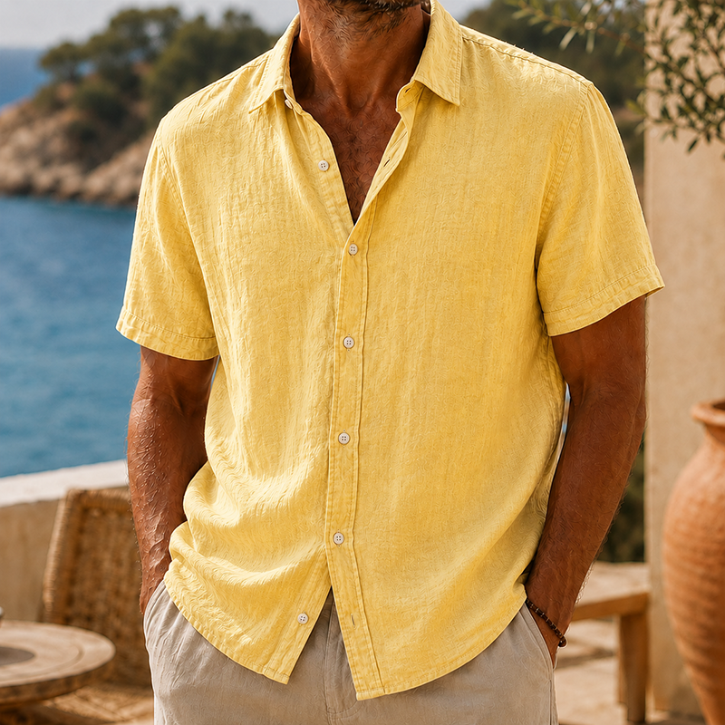Camisa de modainestampado vintage Washed de algodón de lino de manga corta para hombre