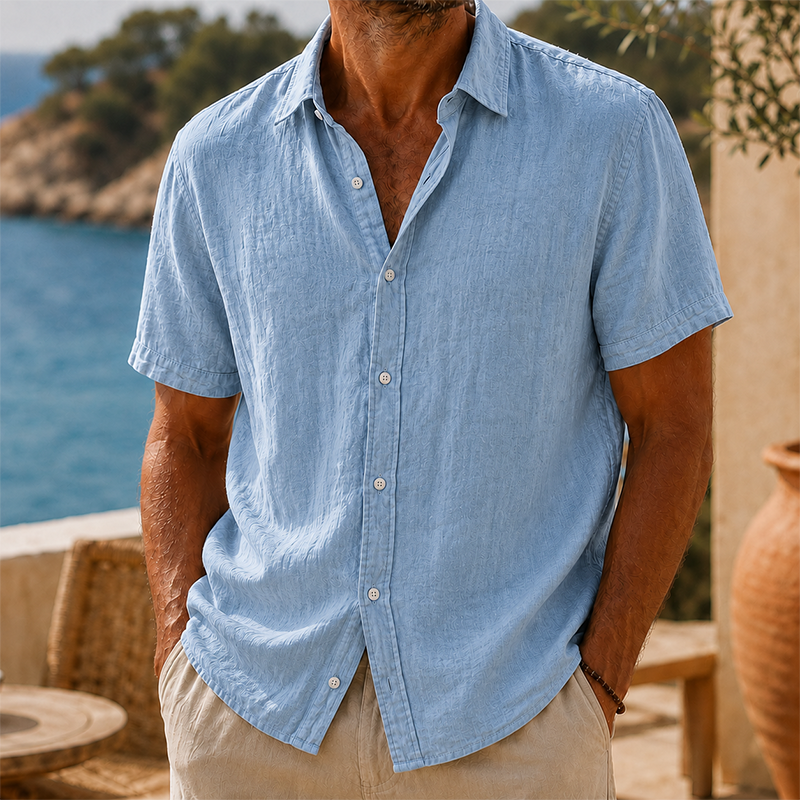 Camisa de modainestampado vintage Washed de algodón de lino de manga corta para hombre