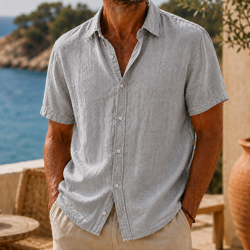 Camisa de modainestampado vintage Washed de algodón de lino de manga corta para hombre